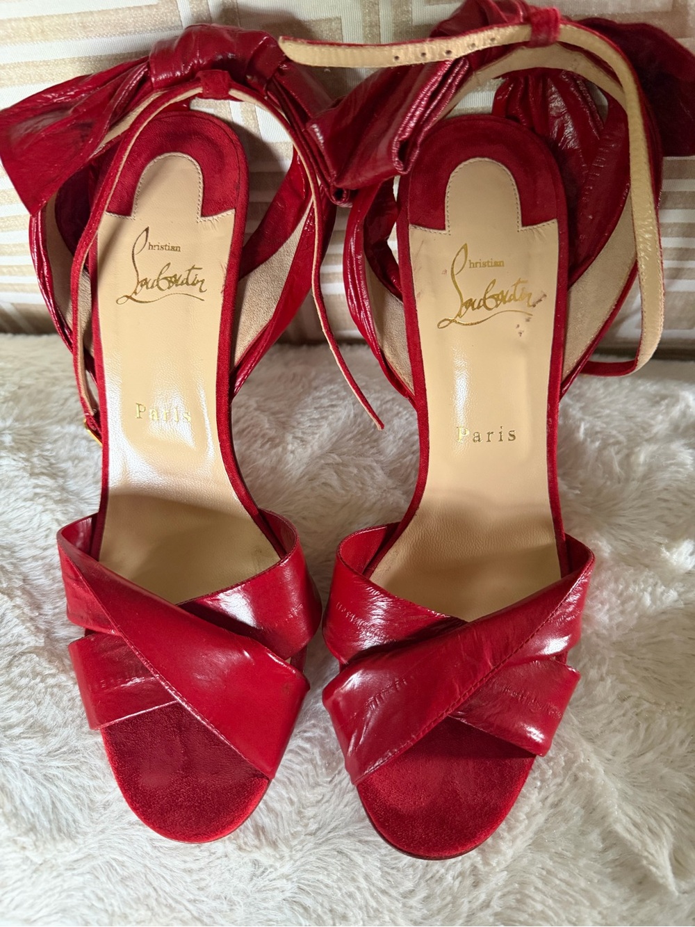 Christian Louboutin Red Leather Wrap-Ankle Heels